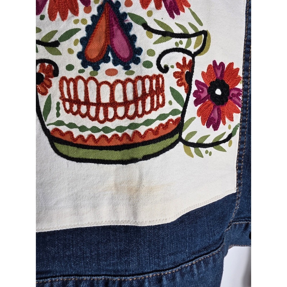 Upcycled Gap Denim Jacket Crochet Trim Skull Patch Unique Jean Jacket Boho Chic - Picture 4 of 4